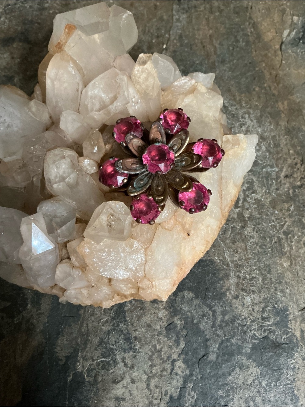 Vintage Floral Pink Prong Set Crystal and Gold -Tone Metal